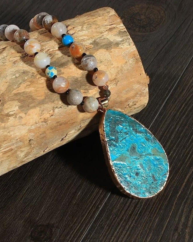 Natural Amazonite Jasper Stone Beaded Necklace Raw Turquoise Pendant