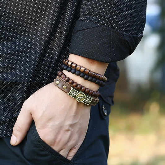 4pcs Bracelet Set for Men ,Women , Leather Tribal Beaded Cuff Wristband