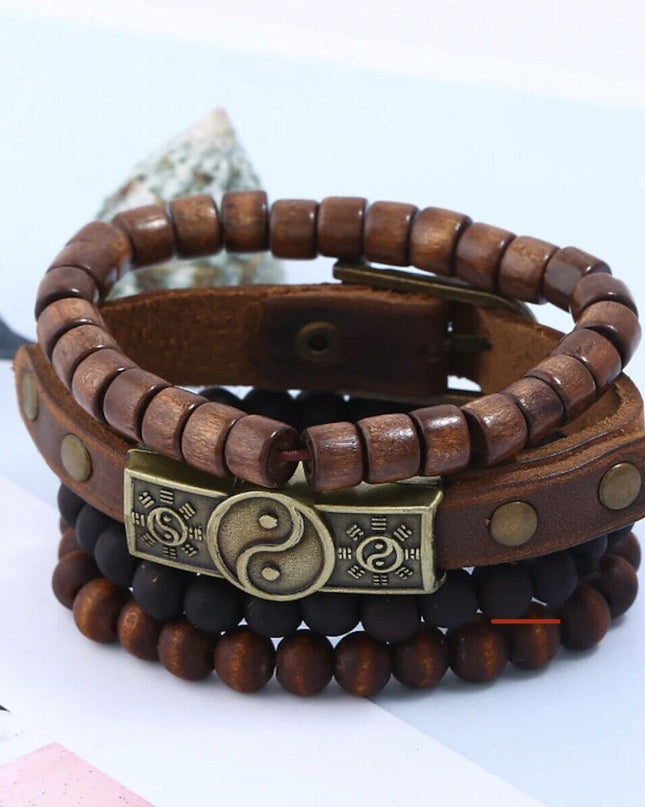 4pcs Bracelet Set for Men ,Women , Leather Tribal Beaded Cuff Wristband