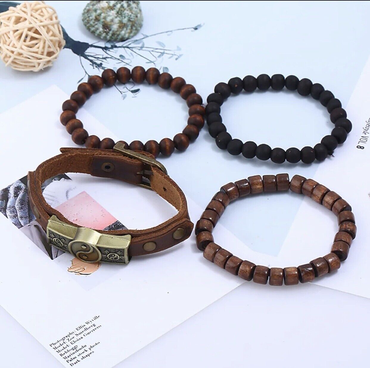 4pcs Bracelet Set for Men ,Women , Leather Tribal Beaded Cuff Wristband