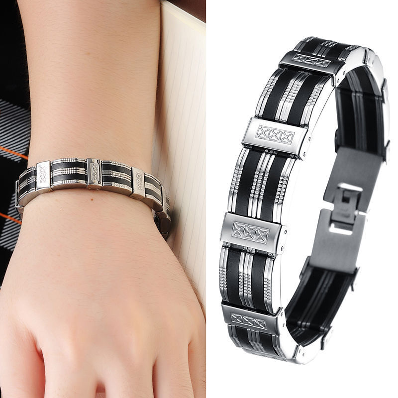 21' Black Silicone Silver Stainless Steel Chain Wristband Bracelet for Men Fashion