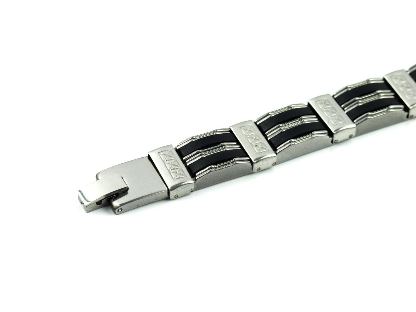 21' Black Silicone Silver Stainless Steel Chain Wristband Bracelet for Men Fashion