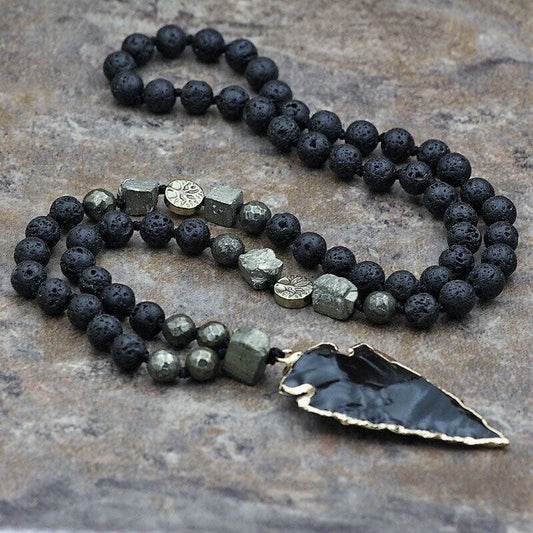 Natural Lava Rock Volcano Stone Beaded Necklace Obsidian Arrowhead Pendant