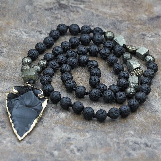 Natural Lava Rock Volcano Stone Beaded Necklace Obsidian Arrowhead Pendant