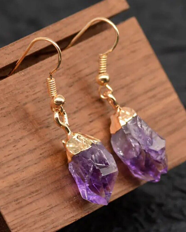 Natural Raw Amethyst Stone Dangle Earrings Purple Crystal Drop Earrings Handmade