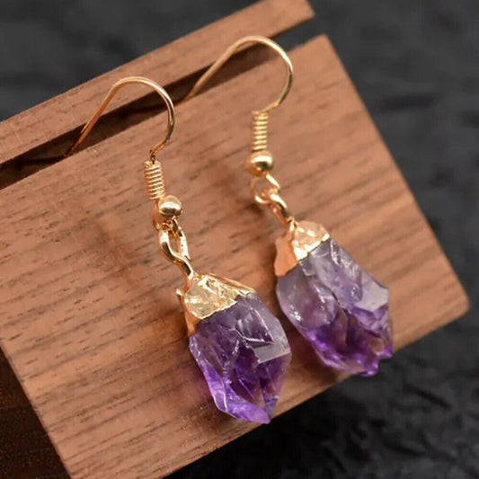 Natural Raw Amethyst Stone Dangle Earrings Purple Crystal Drop Earrings Handmade