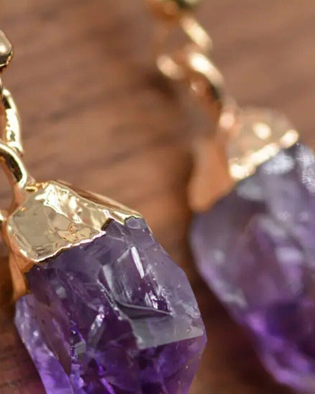 Natural Raw Amethyst Stone Dangle Earrings Purple Crystal Drop Earrings Handmade