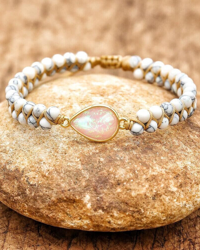 Natural Howlite Stone Braided Bracelet Opal Gemstone Teardrop Charm Bracelet