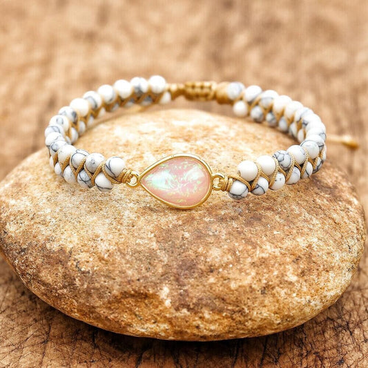 Natural Howlite Stone Braided Bracelet Opal Gemstone Teardrop Charm Bracelet