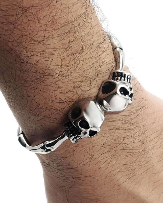 Men's Stainless Steel Skull Skeleton Bones Silver Cuff Bracelet Biker Jewelry