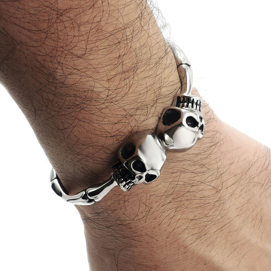 Men's Stainless Steel Skull Skeleton Bones Silver Cuff Bracelet Biker Jewelry