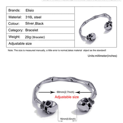 Men's Stainless Steel Skull Skeleton Bones Silver Cuff Bracelet Biker Jewelry