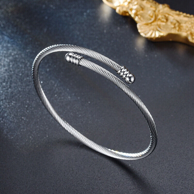 Stainless Steel Cable Wire Twisted Cuff Bangle Bracelet Women's