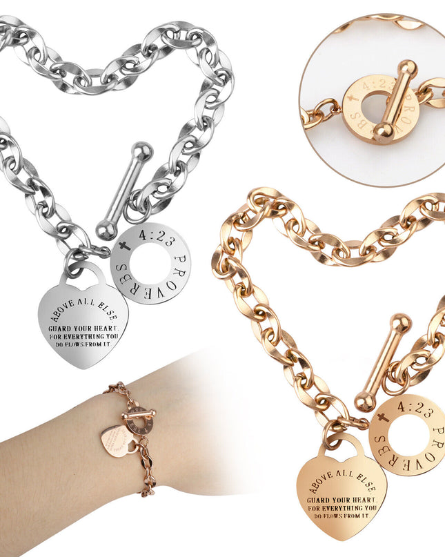 Women's Charm Stainless Steel Heart Bracelet Silver Girl Link Chain Bangle