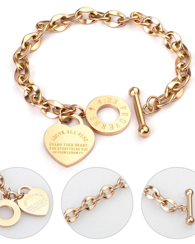 Women's Charm Stainless Steel Heart Bracelet Silver Girl Link Chain Bangle