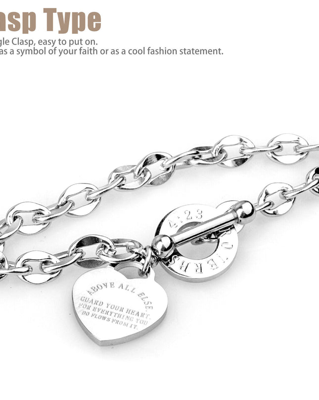 Women's Charm Stainless Steel Heart Bracelet Silver Girl Link Chain Bangle