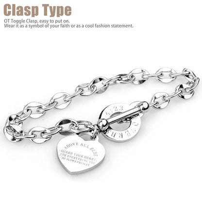 Women's Charm Stainless Steel Heart Bracelet Silver Girl Link Chain Bangle