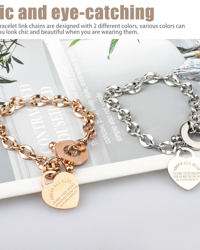 Women's Charm Stainless Steel Heart Bracelet Silver Girl Link Chain Bangle