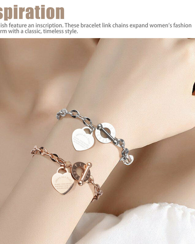 Women's Charm Stainless Steel Heart Bracelet Silver Girl Link Chain Bangle