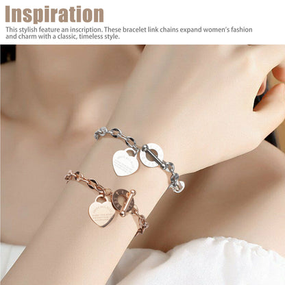 Women's Charm Stainless Steel Heart Bracelet Silver Girl Link Chain Bangle