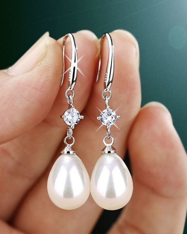 White Pearl Teardrop Dangle Drop Earrings for Women, Hook Earrings