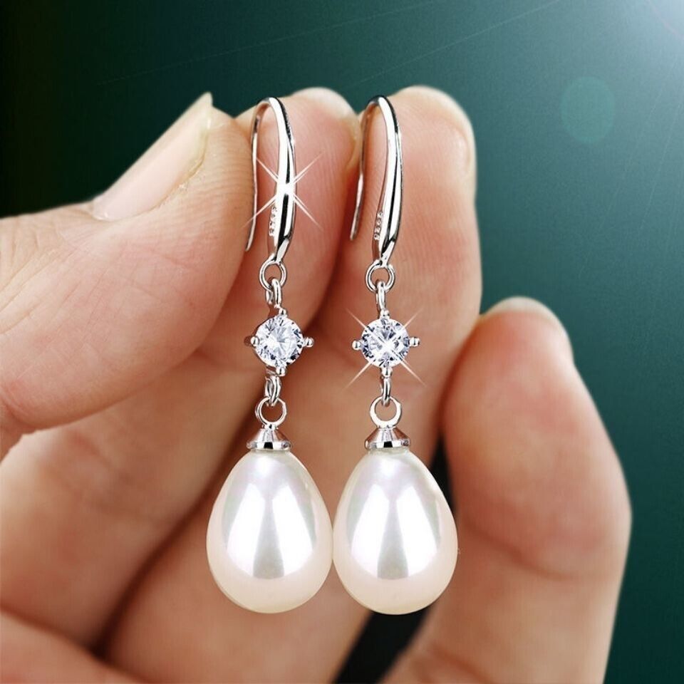 White Pearl Teardrop Dangle Drop Earrings for Women, Hook Earrings