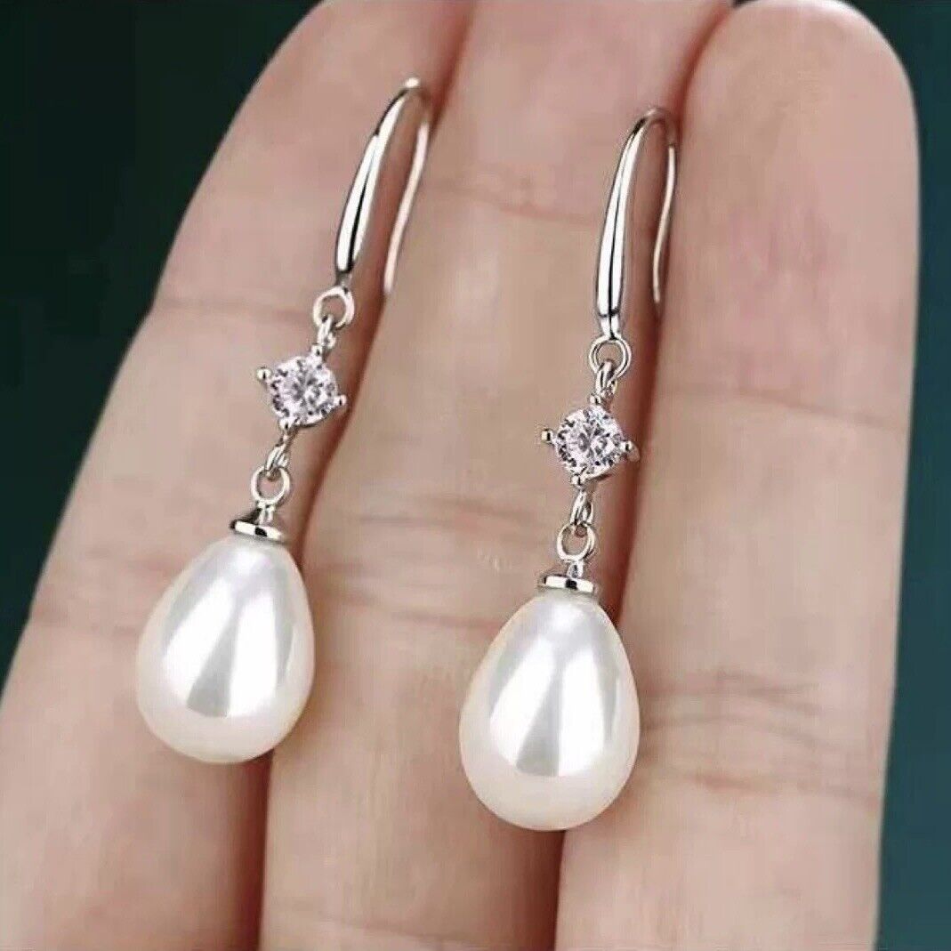 White Pearl Teardrop Dangle Drop Earrings for Women, Hook Earrings