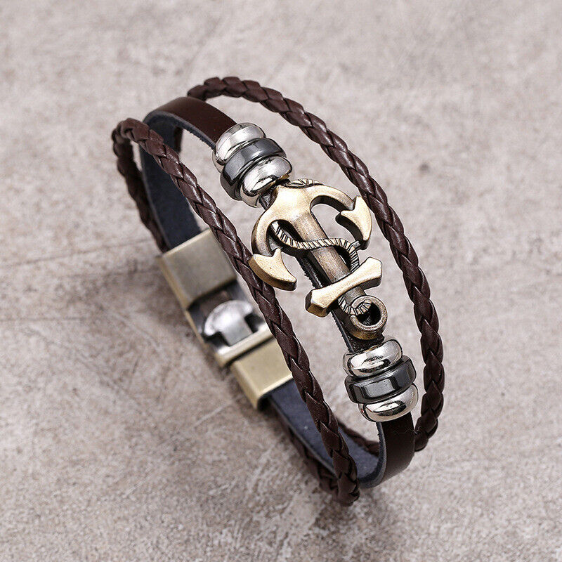 Sailor Beach Nautical Anchor Bracelet Leather Wristband Bangle Brown