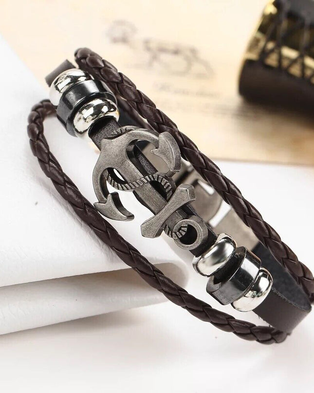 Sailor Beach Nautical Anchor Bracelet Leather Wristband Bangle Brown