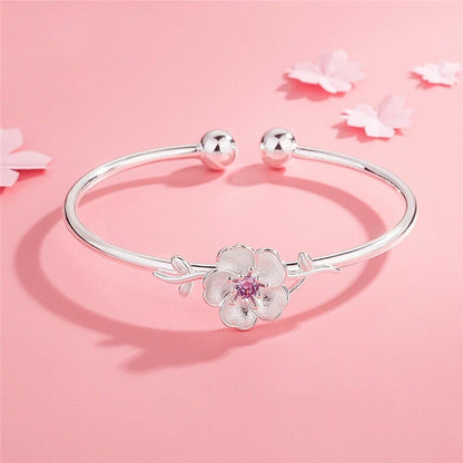 925 Sterling Silver Pink CZ Cherry Blossoms Bangle Bracelet