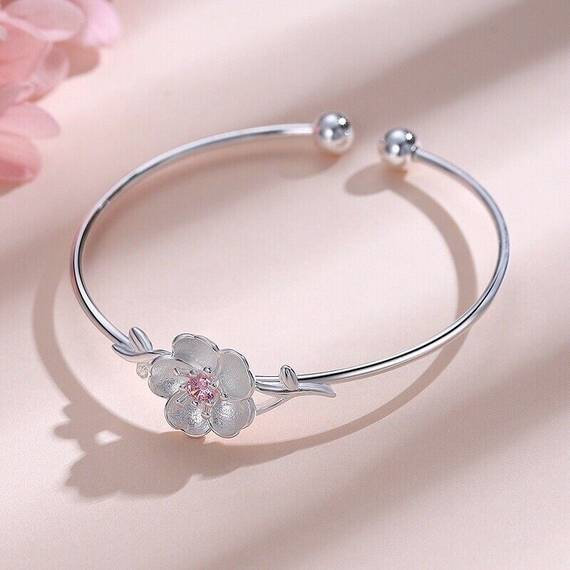 925 Sterling Silver Pink CZ Cherry Blossoms Bangle Bracelet