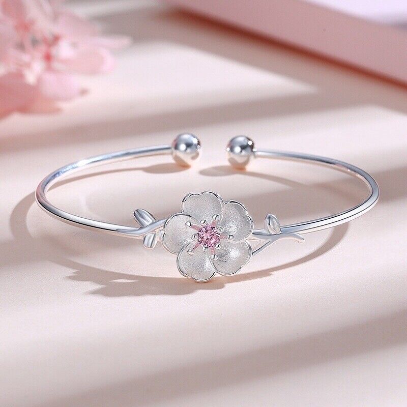 925 Sterling Silver Pink CZ Cherry Blossoms Bangle Bracelet