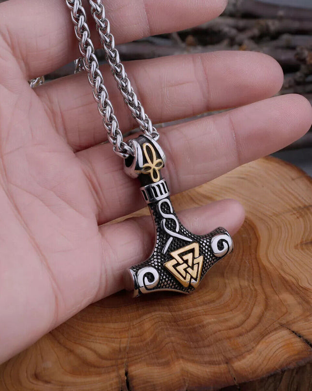Men's Stainless Steel Chain Viking Pendant Silver Thor Mjolnir Hammer Gold Runes
