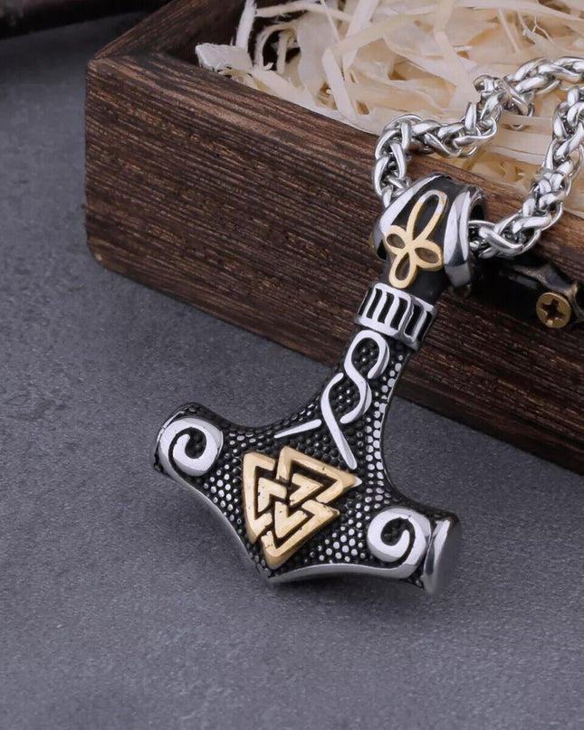 Men's Stainless Steel Chain Viking Pendant Silver Thor Mjolnir Hammer Gold Runes