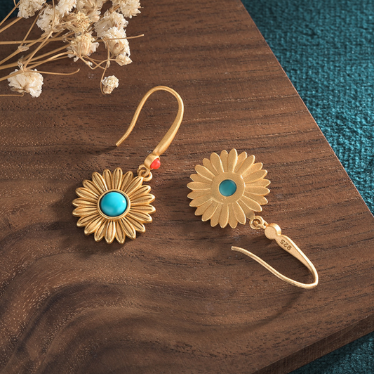 Bohemian Turquoise Drop Dangle Earrings Sunflower Hook 18K Gold Plated Gemstone