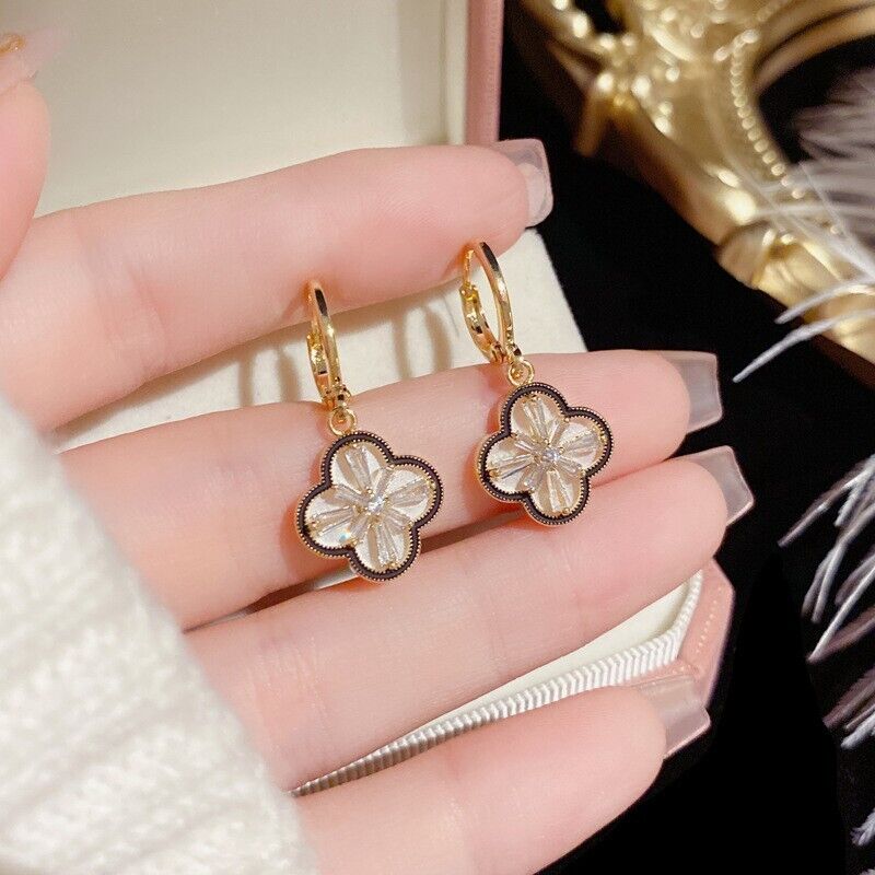 14k Gold Cubic Zirconia Flower High Quality Clover Earrings