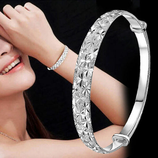 925 Sterling Silver Women New Fashion Charm Wristband Bracelet Bangle Cuff