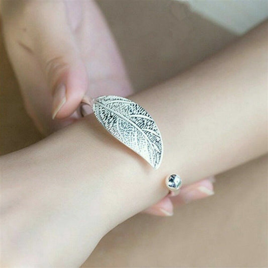 925 Sterling Silver Charm Leaf Bracelet Bangle Cuff One Size Fit All Adjustable