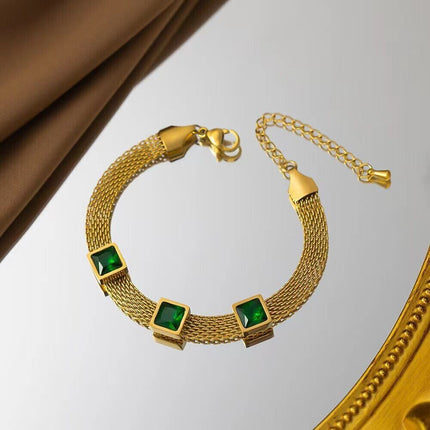 Woman 18K Gold Plated Stainless Steel Simulated Emerald CZ Mesh Bracelet Bangle