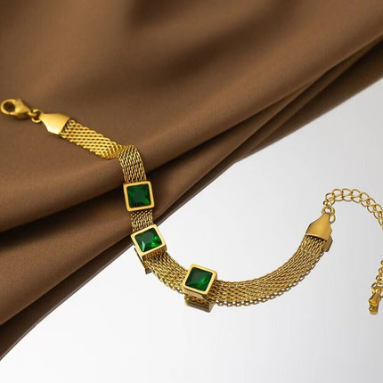 Woman 18K Gold Plated Stainless Steel Simulated Emerald CZ Mesh Bracelet Bangle