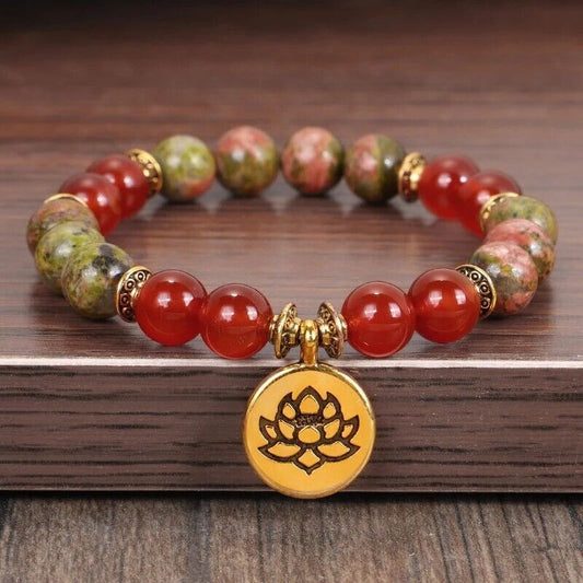 Natural Unakite Red Jade Handmade 8mm Beads Healing Reiki Lotus Women Bracelet