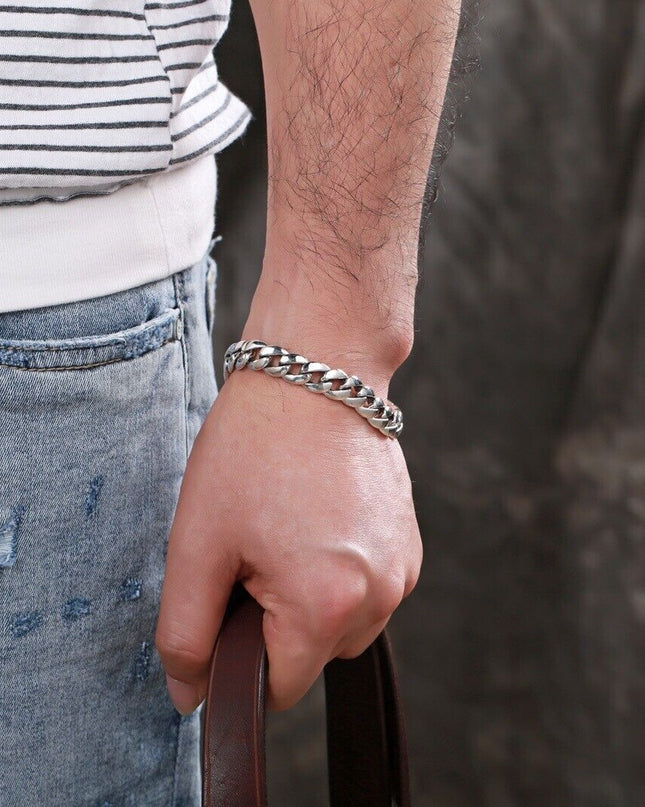 925 Sterling Silver Solid Chain Bracelet Solid Thick Big Link Men's Bracelet