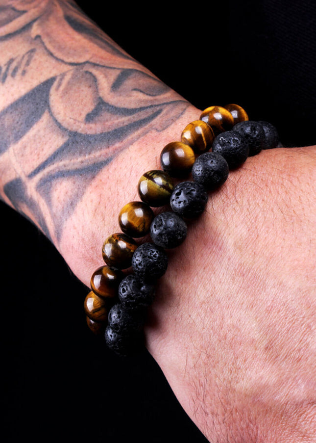 2PCS Men Classic Lava Rock Tiger Eye Gem Stone Beaded Healing Bracelet