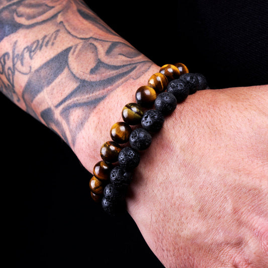 2PCS Men Classic Lava Rock Tiger Eye Gem Stone Beaded Healing Bracelet