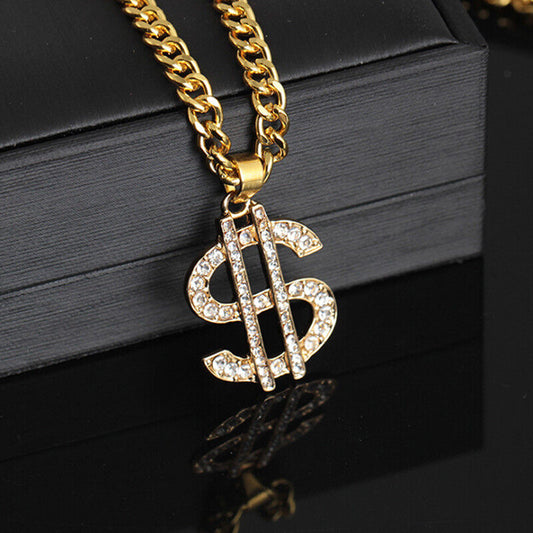 Gold Plated Crystal Dollar Sign Pendant Necklace