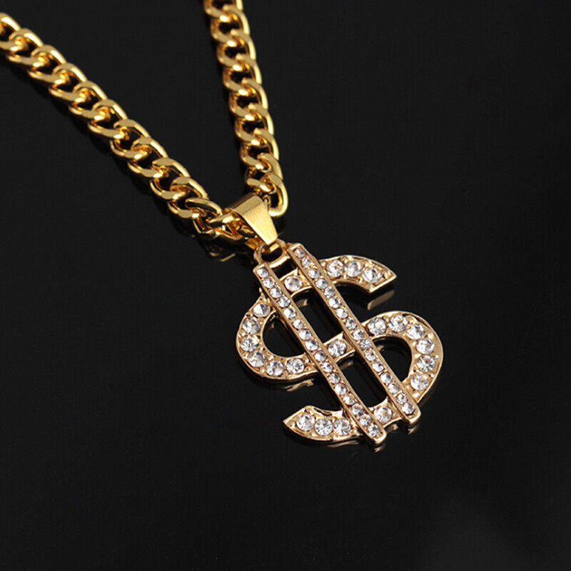 Gold Plated Crystal Dollar Sign Pendant Necklace