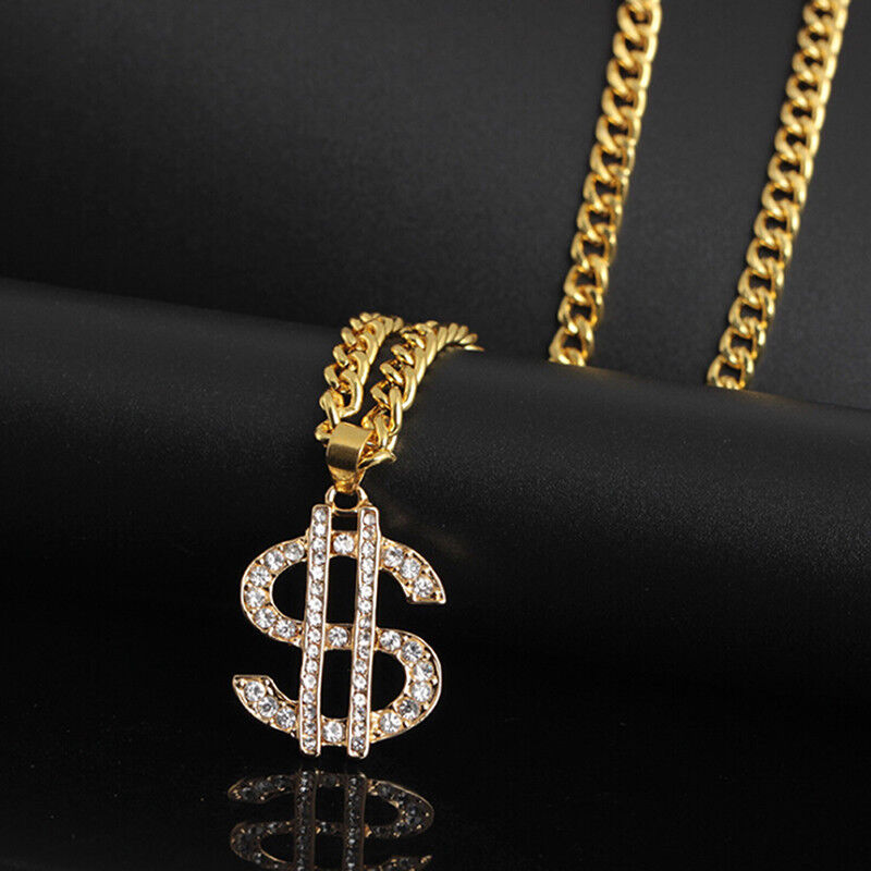 Gold Plated Crystal Dollar Sign Pendant Necklace