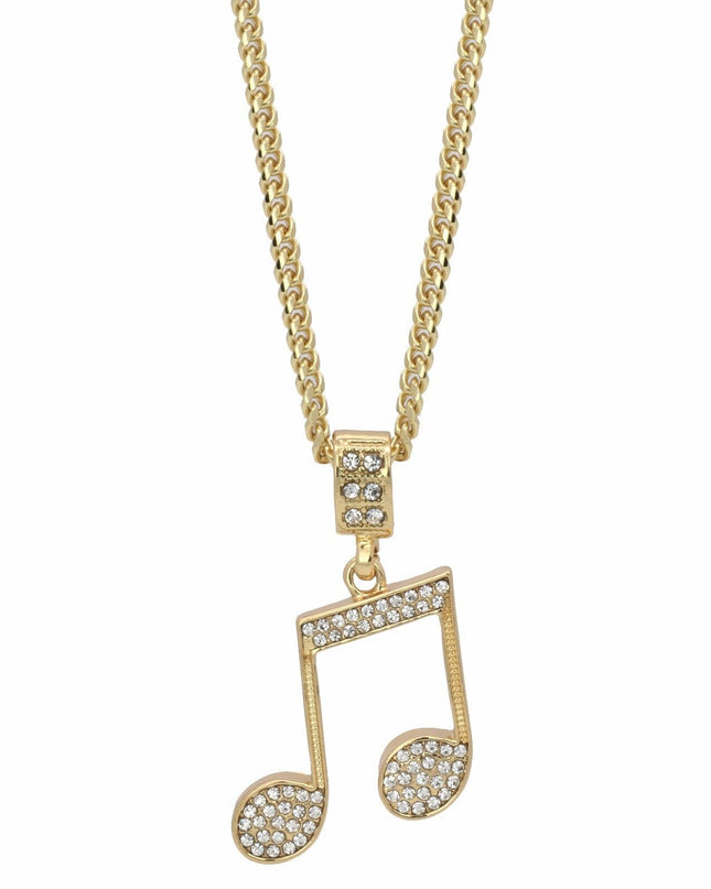 14k Gold Plated Music Note Pendant Iced Cubic Zirconia 24" Cuban Necklace Chain