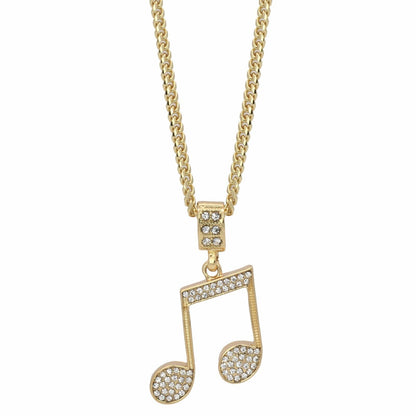 14k Gold Plated Music Note Pendant Iced Cubic Zirconia 24" Cuban Necklace Chain