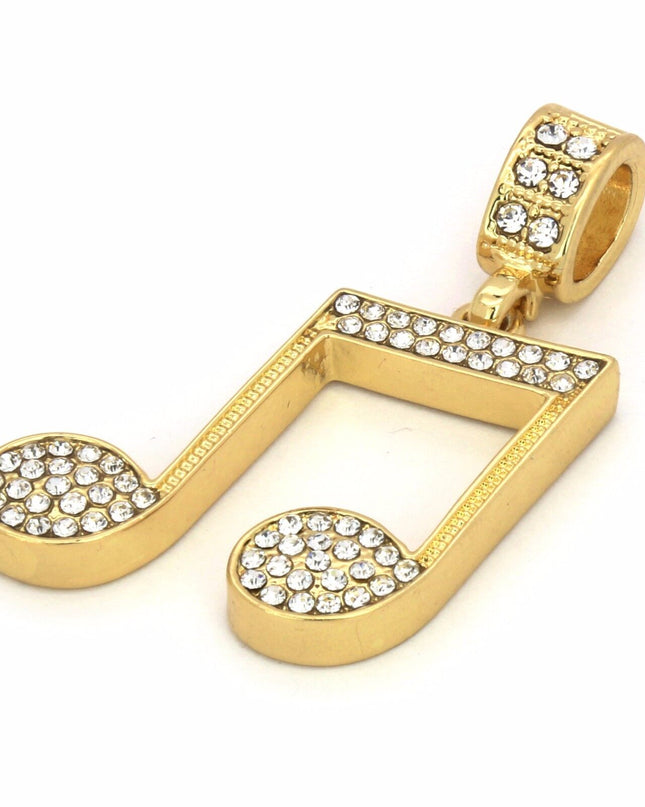 14k Gold Plated Music Note Pendant Iced Cubic Zirconia 24" Cuban Necklace Chain